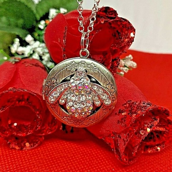 Rainbow AB Rhinestone Bumble Bee Necklace Locket - Picture 2 of 7